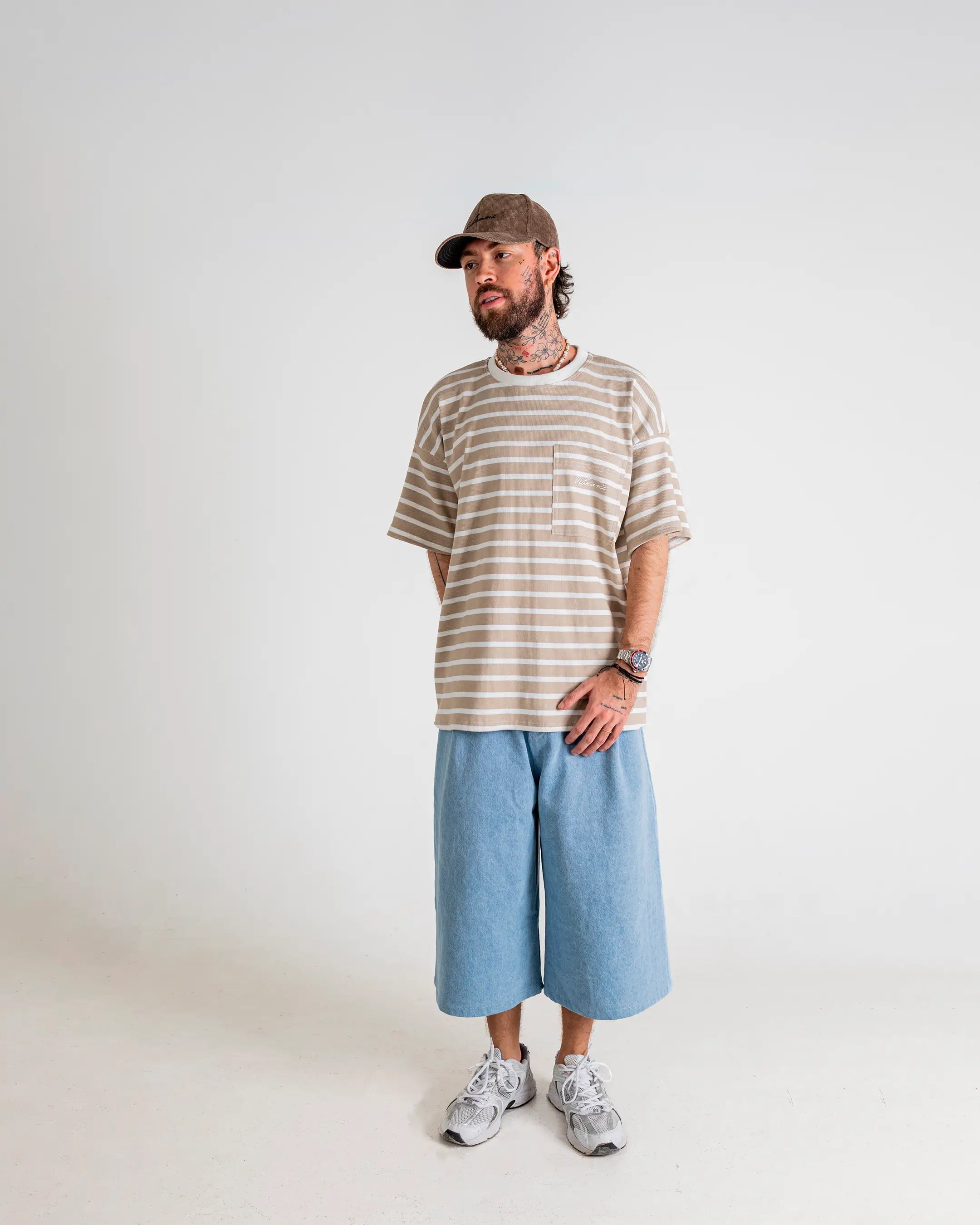 U-Turn Camiseta Oversized Rayas Rib - Beige